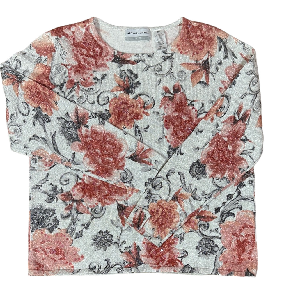 Alfred Dunner Pink, Gray Metallic Silver Threading Floral Crew Neck Sweater 1313